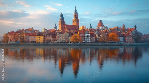 City skyline reflection on calm river at sunrise or sunset