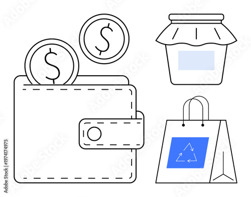 Personal finance, sustainability, waste reduction, eco-friendly shopping, budgeting, saving money. A wallet with coins, a glass jar and a recyclable bag. Personal finance and sustainability concept