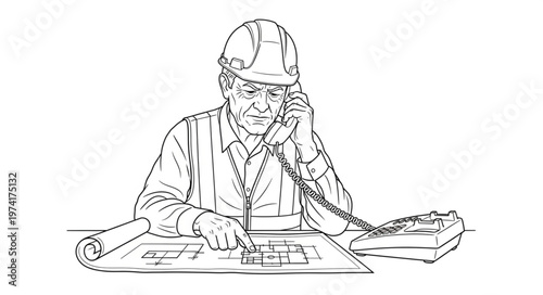 Engineer on the phone reviewing blueprints at desk.
