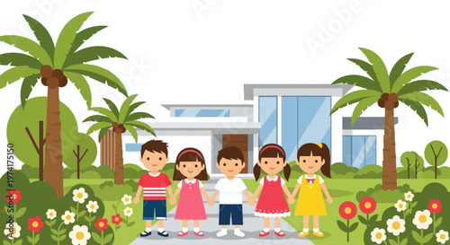 Children standing in front of a house with palm trees on transparent background silhouette