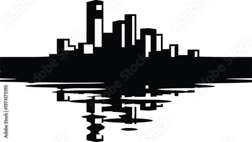 city skyline silhouette reflected in water