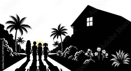 Family enjoying a sunset view near a house on transparent background silhouette