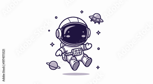 Cute Cartoon Astronaut Floating in Space with Spaceship and Planets.
