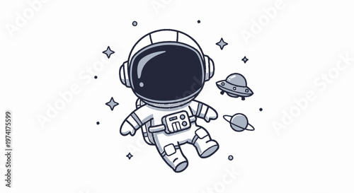 Cute Cartoon Astronaut Floating in Space with Spaceship and Planets.
