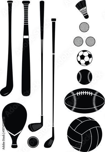 Black sport gear icons featuring baseball golf badminton football and volleyball equipment