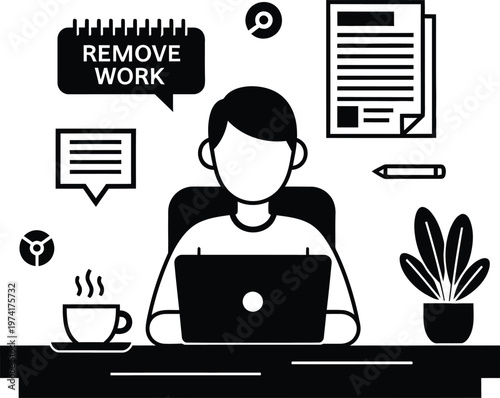 man at desk with laptop and remove work speech bubble
