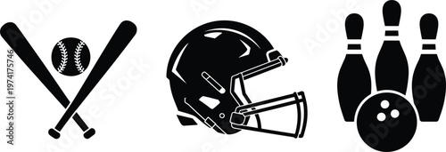 Black sport symbols collection featuring baseball gear american football helmet and bowling pins