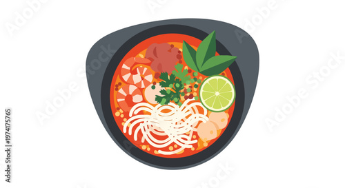 A vibrant, flat-style illustration depicting a bowl of hot soup with noodles, shrimp, vegetables, and a lime slice on a white background