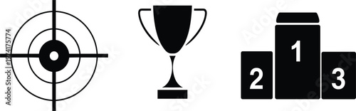 Achievement icons set with target trophy and winner podium silhouette design