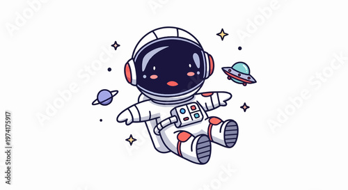 Cute Cartoon Astronaut Floating in Space with Spaceship and Planets.