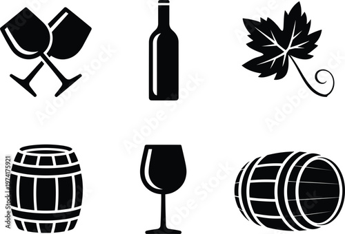 Black silhouette winery elements collection featuring wine glasses bottle and barrels