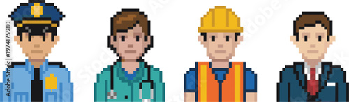 Retro pixel people icons featuring different careers and occupations character portraits