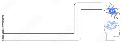 Artificial intelligence, cognitive technology, brain-computer interface, data pathways, advanced computing, learning systems. A chip connected to a human brain illustration. AI and cognitive