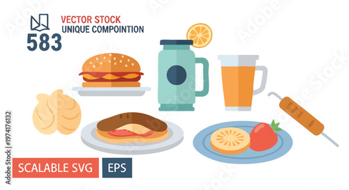 A flat illustration showcasing various food items, including a burger, sandwich, drink, and skewers, alongside text elements and graphic identifiers
