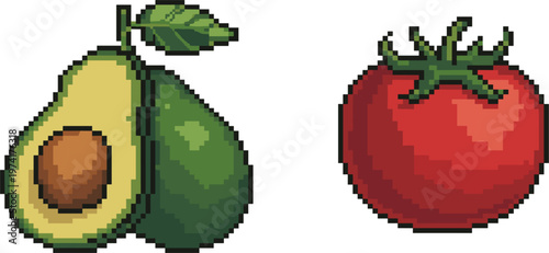 Pixel art fruits set with avocado halves and fresh red tomato icon
