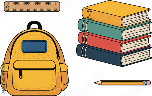 Educational items collection featuring school bag stacked books and stationery tools design