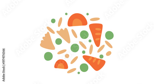 A whimsical arrangement of colorful, flat-design vegetable shapes, including carrots, peas, and other abstract forms, on a white background