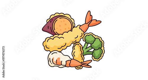 An illustration depicts tempura style fried items, including shrimp, broccoli, and a sweet potato type item, arranged in a visually appealing composition