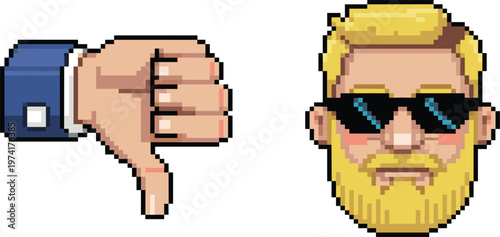 Pixel art icons featuring thumbs down gesture and stylish bearded man portrait