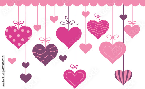 Hanging hearts decoration background with pink romantic valentine elements and ribbons