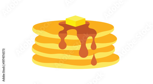A stack of golden-yellow pancakes with a cube of yellow butter on top and brown syrup cascading down