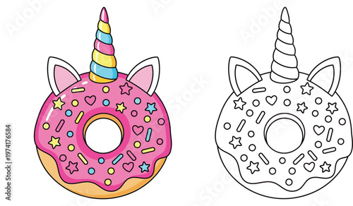 Cute kawaii unicorn donut vector illustration with pink glaze and sprinkles. Colored and outline black and white version for col