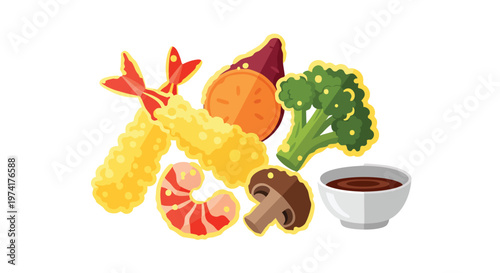 A colorful illustration featuring tempura, including shrimp, sweet potato, broccoli, and a mushroom. Also includes a bowl of dipping sauce