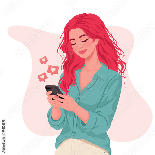 Young woman with red hair using smartphone, social media likes notifications, happy girl scrolling phone, female character vector illustration on pink background, digital lifestyle.
