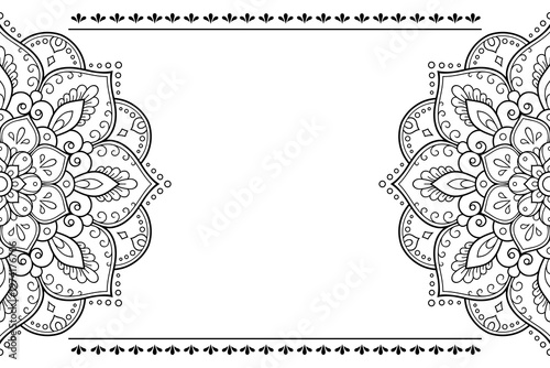Frame in eastern tradition. Stylized with henna tattoos decorative pattern for decorating covers for book, notebook, casket, magazine, postcard and folder. Flower border in mehndi style.