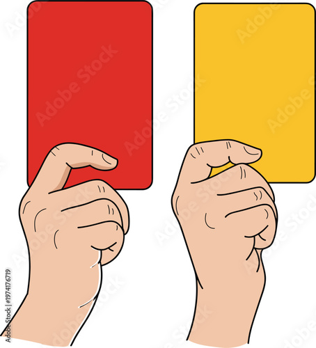 Referee hands holding red and yellow cards warning penalty sports illustration