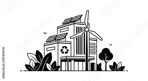 Eco friendly house with wind turbine.