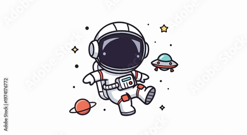 Cute Cartoon Astronaut Floating in Space with Spaceship and Planets.