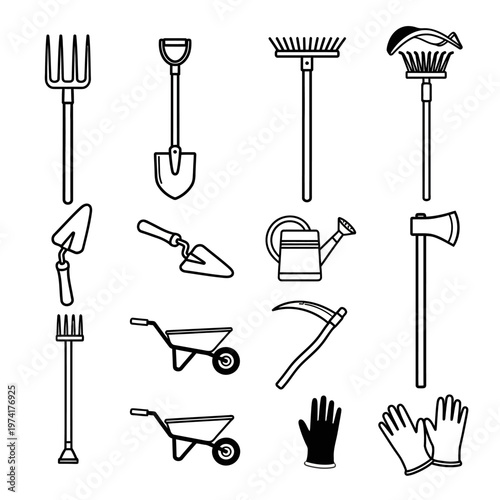 Gardening tools and equipment icons set.