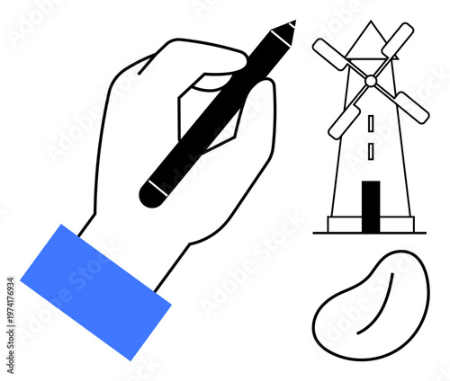 Creative design, education, minimalism, sustainability, agriculture, renewable energy. Hand holding a pen, windmill and bean icon in black and white. Creative design and education concept
