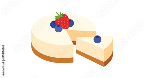 Illustration of a dessert with a slice removed. The round treat has a tan base and cream-colored top, decorated with berries