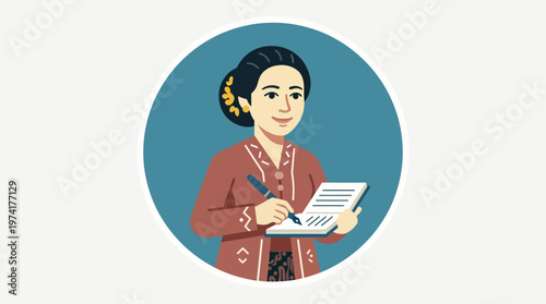 Vibrant illustration of a graceful Southeast Asian woman in traditional clothing, meticulously writing, representing cultural heritage and literacy