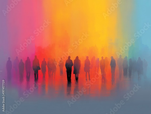 People walking through a colorful fog with abstract rainbow-colored background creating a dreamlike scene