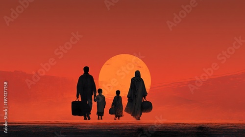 Refugee family walking through a desert landscape while carrying their belongings at sunset