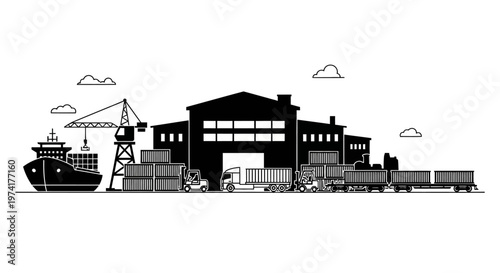 Industrial cargo train and ship.