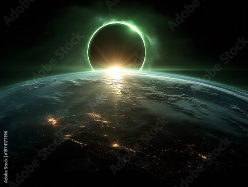 Inspirational solar eclipse style illustration of the sun rising over earth with a glowing effect