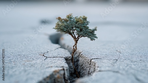 Young tree sprouting through a crack in concrete representing determination and urban resilience