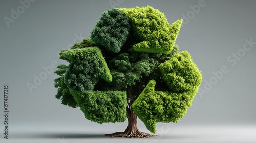 Inspiring tree shaped like recycling symbol against a gray background representing eco-friendliness