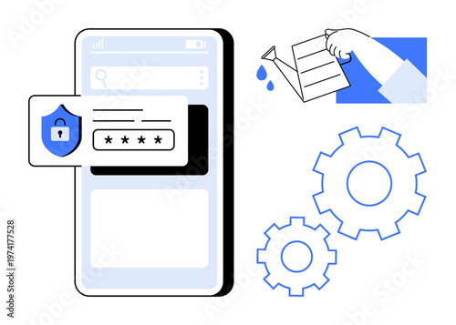 Cybersecurity, data privacy, password protection, productivity tools, secure technology, system development. Mobile device with security interface, gears and watering can. Cybersecurity and data