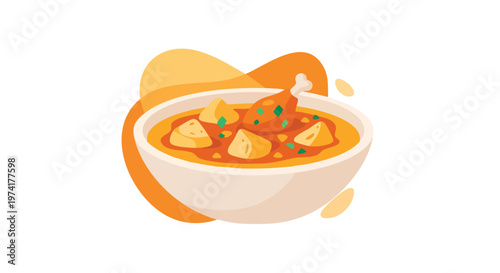 A bowl of hot, flavorful stew with potato chunks, chicken, and herbs, set against a graphic backdrop