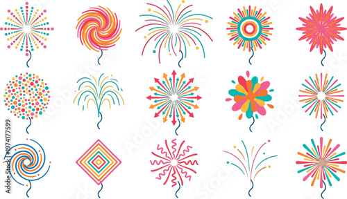 Collection of colorful fireworks illustrations for celebration and party decoration