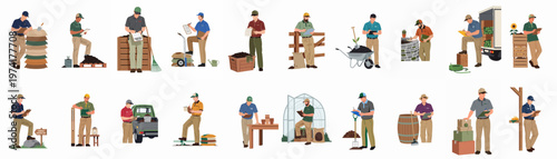 Collection of diverse male gardeners and agricultural workers performing various tasks like inventory check, landscaping, and delivery in flat illustration style.