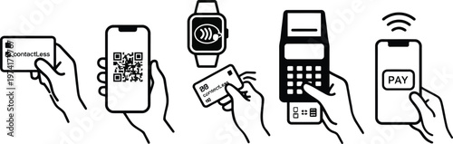 collection of nfc payment, minimal thin icon vector set , white background , PNG and SVG isolate
Set of five isometric line art icons representing modern payment methods including qr code scanning 