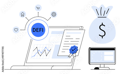 Decentralized finance, blockchain technology, cryptocurrency, financial technology, investments, and smart contracts. Laptop with DEFI word, graphs, smart contract and sealed document and money bag