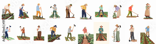 Collection of diverse farmers and agricultural workers harvesting and tending to strawberry plants in various field settings, flat vector illustration.