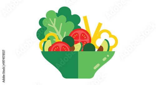 A vibrant, stylized illustration of a salad bowl brimming with various fresh, healthy ingredients on a white background